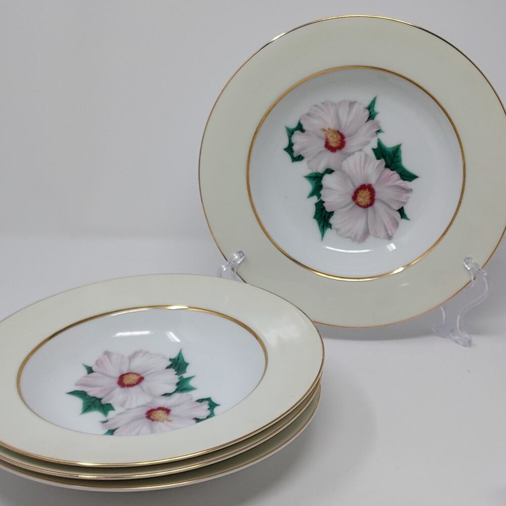 Kent Tropical Pattern Set of 4 Soup Bowls 8 5/8" Occupied Japan Vintage 1950